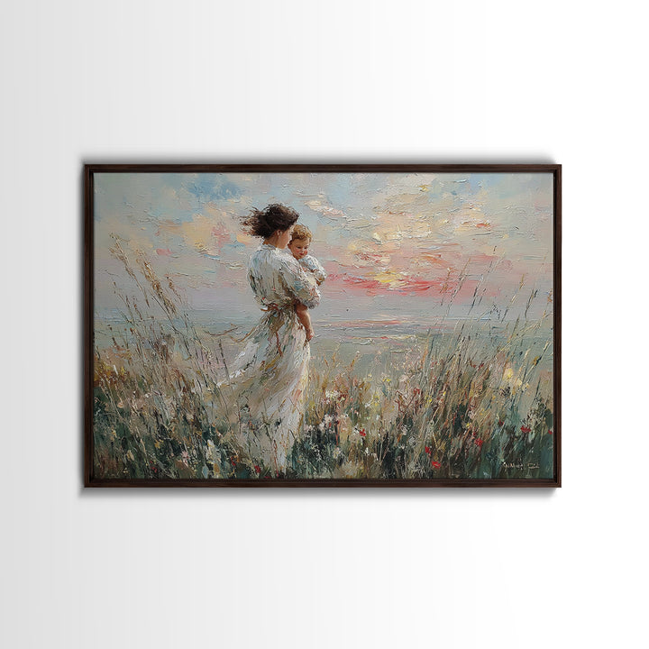 Mother And Child By Wildflower Coast Canvas Print, Impressionist Beach Wall Art, Mothers Day Gift, Nursery Decor, Living Room Decor