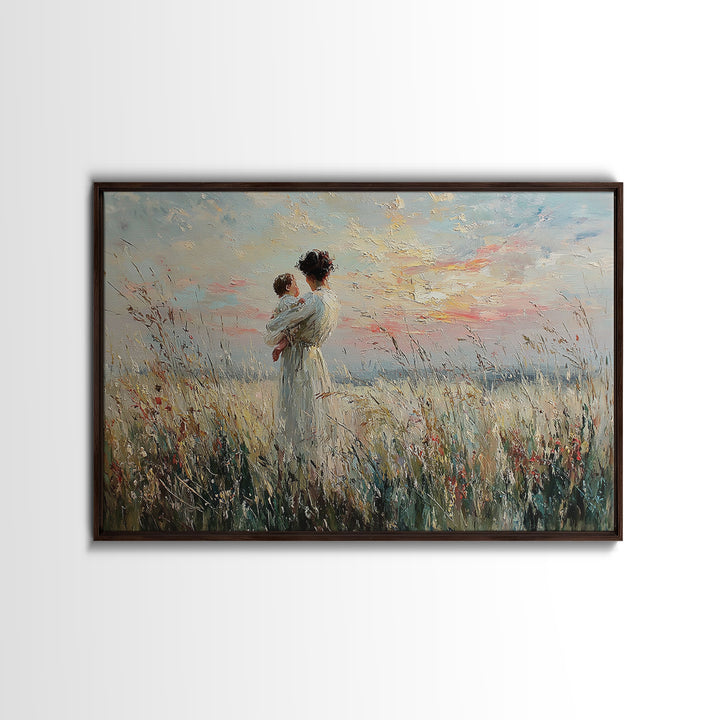 Mother Holding Baby In Wild Grass Framed Canvas Print, Coastal Wall Art, Impressionist Nursery Decor, Gift For Her, Home Decor