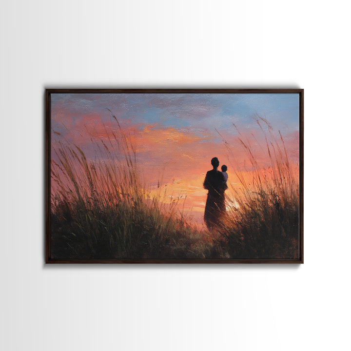 Mother And Baby Sunset Silhouette Framed Canvas Print, Moody Landscape Wall Art, Above Bed Decor, Gift For Her, Living Room Art