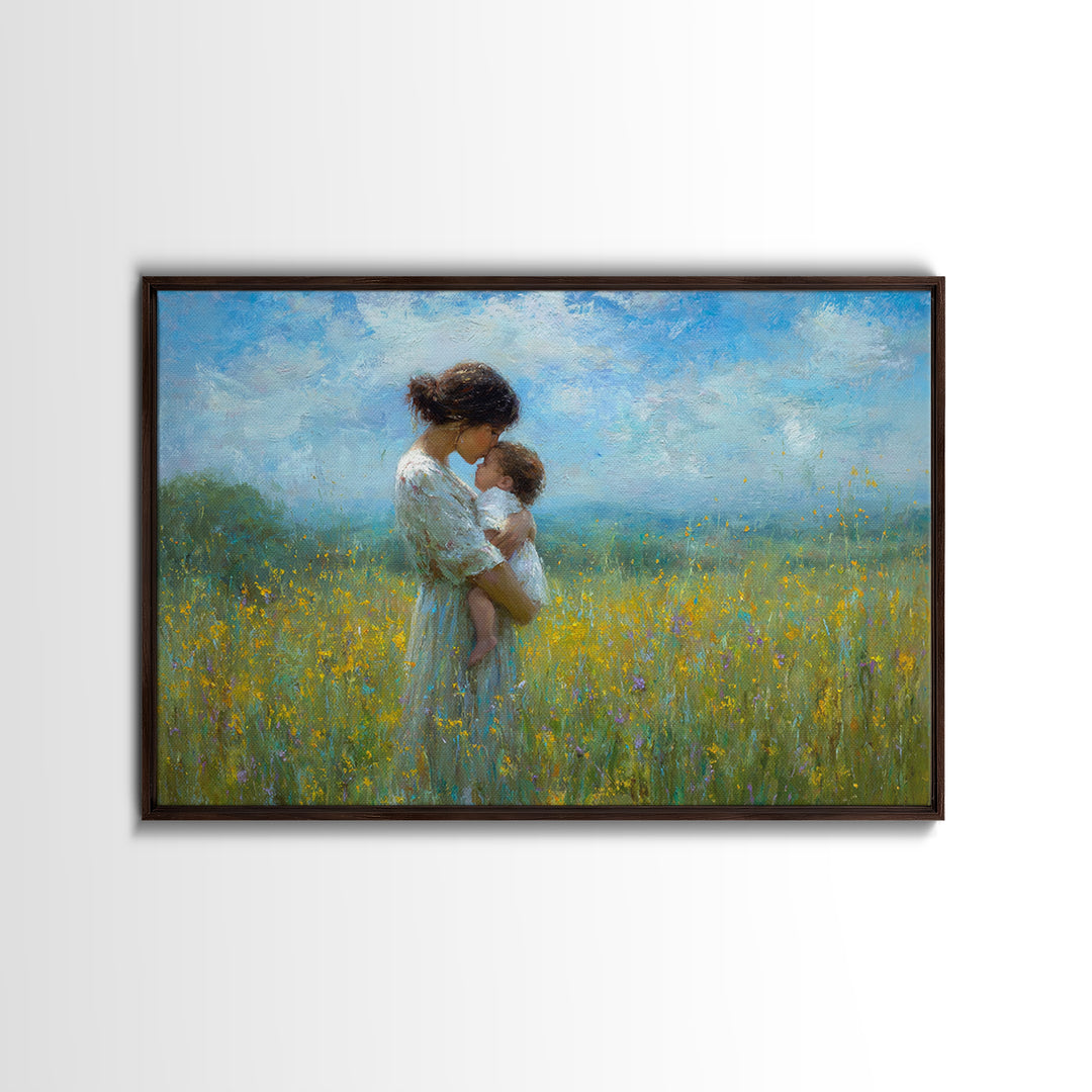 Tender Mother And Baby In Blue Meadow Wall Art, Impressionist Oil Painting, Nursery Decor, Mothers Day Gift, Fine Art Print