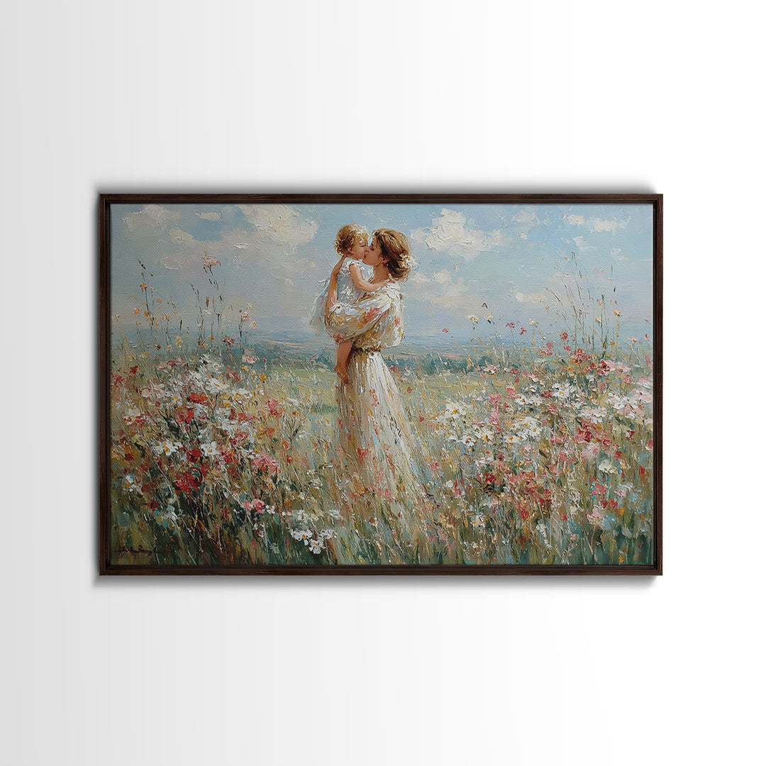 Mother Lifting Baby Among Summer Wildflowers Canvas Print, Floral Wall Art, Nursery Decor, Mothers Day Gift, Home Decor Art Print