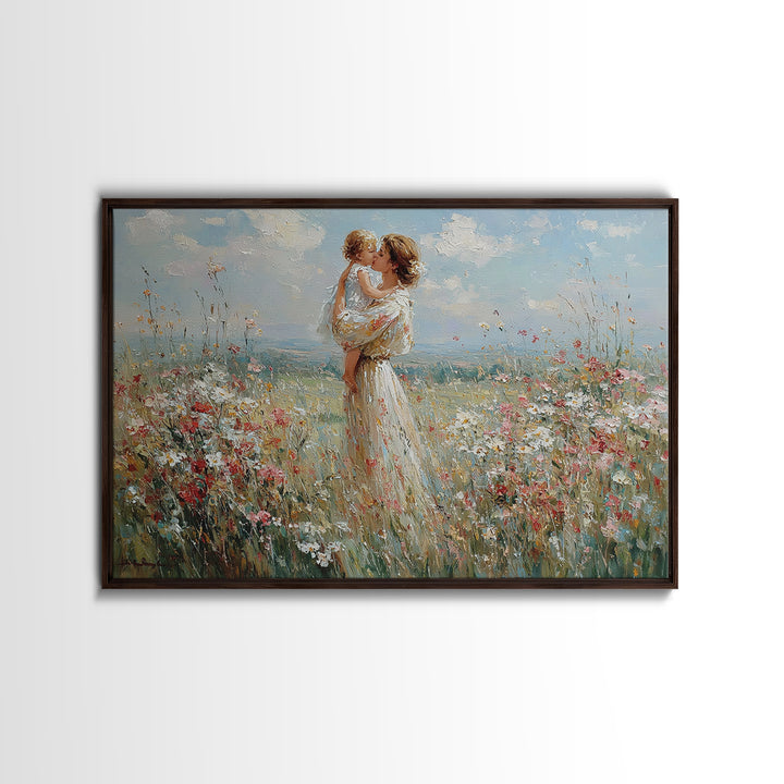 Mother Lifting Baby Among Summer Wildflowers Canvas Print, Floral Wall Art, Nursery Decor, Mothers Day Gift, Home Decor Art Print