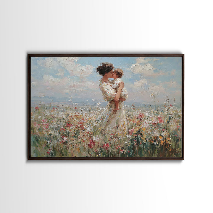 Mother Holding Toddler In Pastel Wildflower Field Framed Canvas Print, Floral Wall Art, Nursery Decor, Mothers Day Gift, Gift For Her
