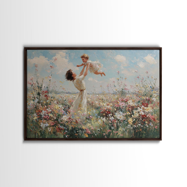 Mother Lifting Child In Wildflower Meadow Wall Art, Impressionist Floral Landscape, Nursery Decor, Gift For Mom, Canvas Print