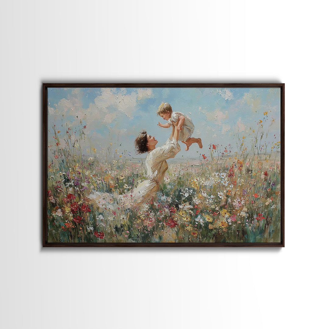 Mother Raising Baby Above White Wildflowers Framed Canvas Print, Impressionist Meadow Wall Art, Nursery Decor, Gift For Mom