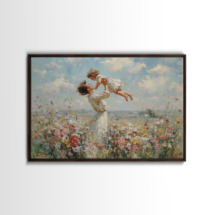 Mother Holding Child Over Blooming Meadow Wall Art, Impressionist Floral Landscape Canvas Print, Nursery Decor, Gift For Mom