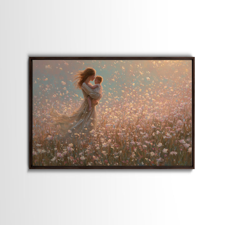Mother Holding Baby In Pink Wildflower Field Wall Art, Romantic Impressionist Canvas Print, Nursery Decor, Gift For Mom, Feminine Art