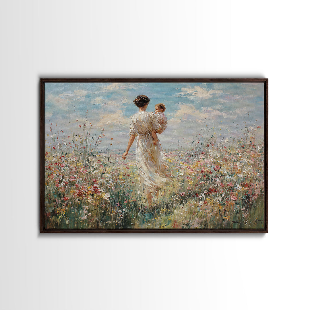 Mother Walking With Baby Through Wildflower Meadow Framed Canvas Print, Impressionist Landscape Wall Art, Nursery Decor, Gift For Mom
