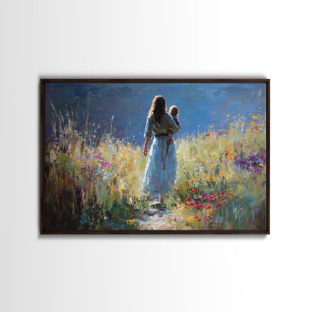Mother And Child On Wildflower Path Wall Art, Impressionist Oil Painting Print, Feminine Nursery Decor, Gift For Mom, Living Room Decor