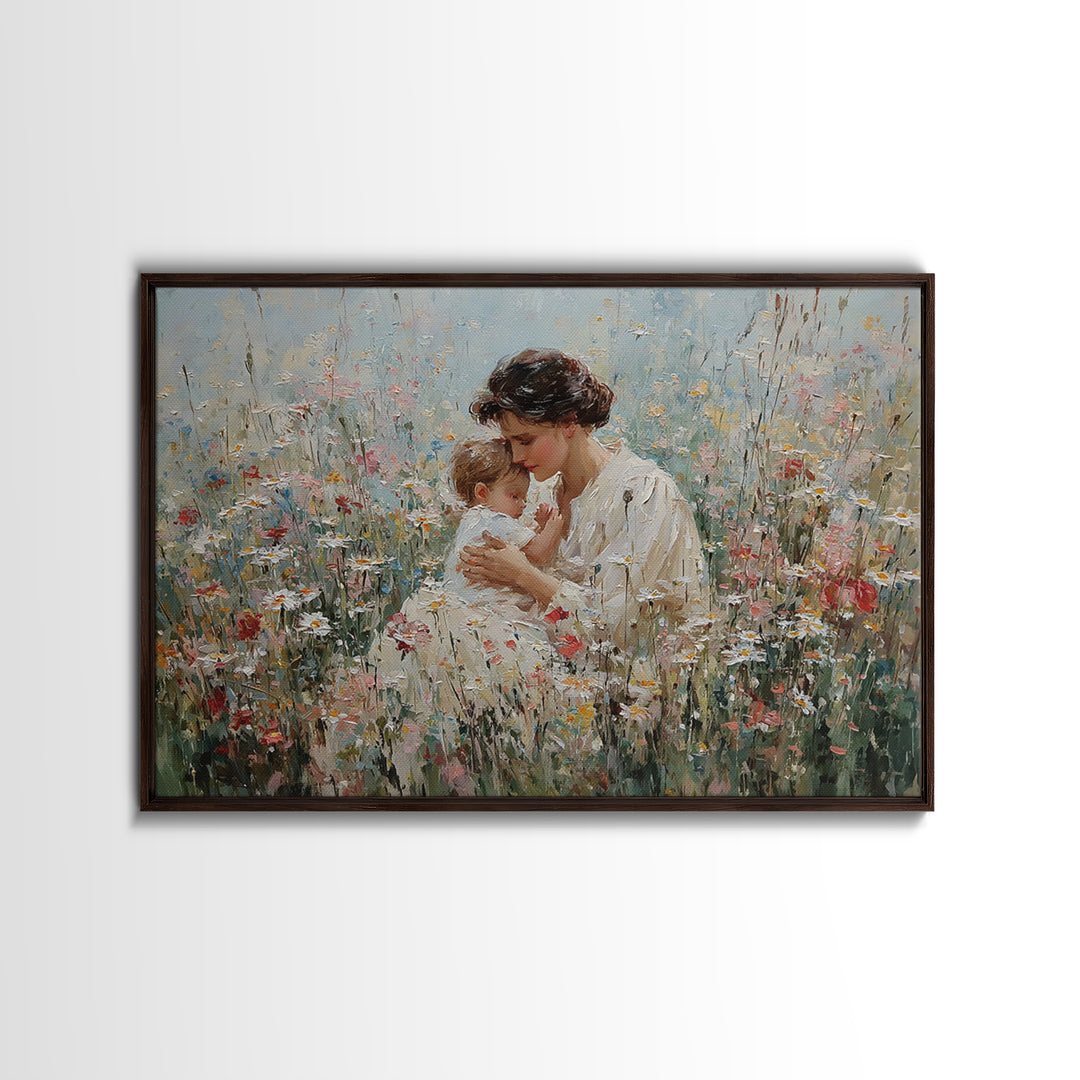 Seated Mother Cuddling Baby In Flower Field Wall Art, Impressionist Oil Painting Print, Feminine Nursery Decor, Gift For Mom