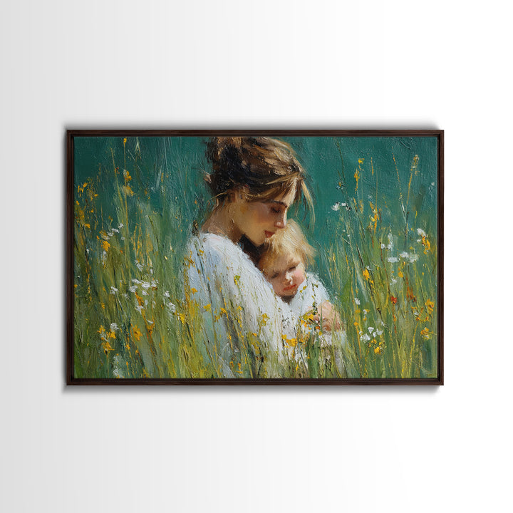 Tender Mother And Child Portrait In Green Meadow Wall Art, Impressionist Oil Painting, Feminine Nursery Decor, Gift For Mom