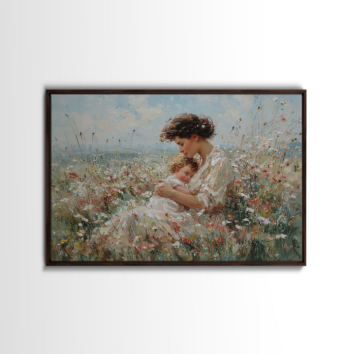 Mother Cradling Sleeping Child In Wildflowers Wall Art, Impressionist Floral Oil Painting, Nursery Decor, Gift For Her, Bedroom Decor