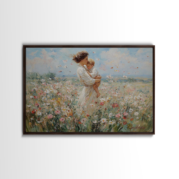 Standing Mother With Toddler In Flower Meadow Framed Canvas Print, Impressionist Landscape Painting, Nursery Wall Art, Gift For Mom
