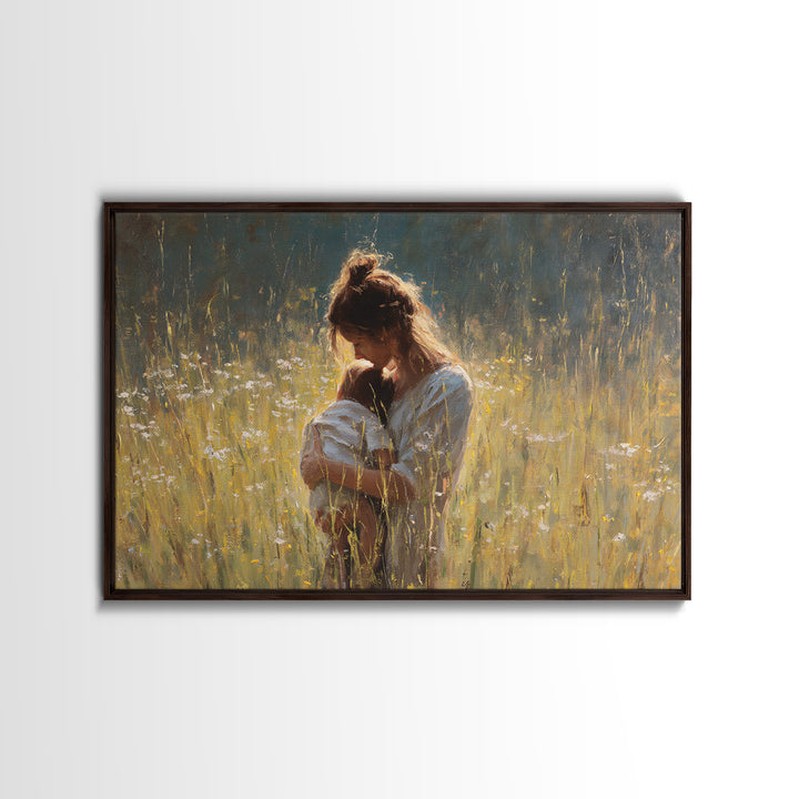 Backlit Mother Nursing Baby In Golden Grass Wall Art, Moody Impressionist Oil Painting Print, Feminine Bedroom Decor, Gift For Mom