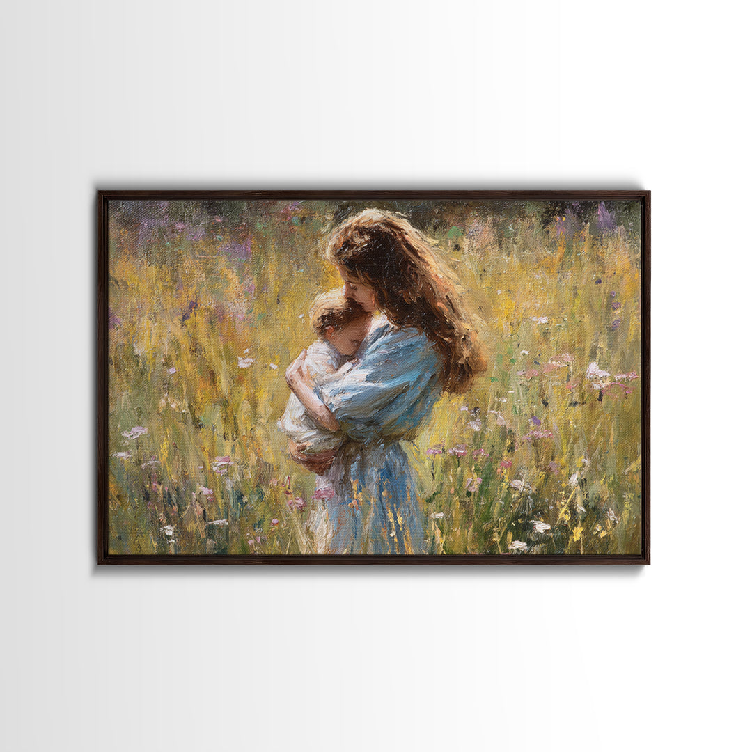 Long Haired Mother Cradling Baby In Wildflower Field Canvas Print, Impressionist Oil Painting, Feminine Wall Decor, Gift For Her