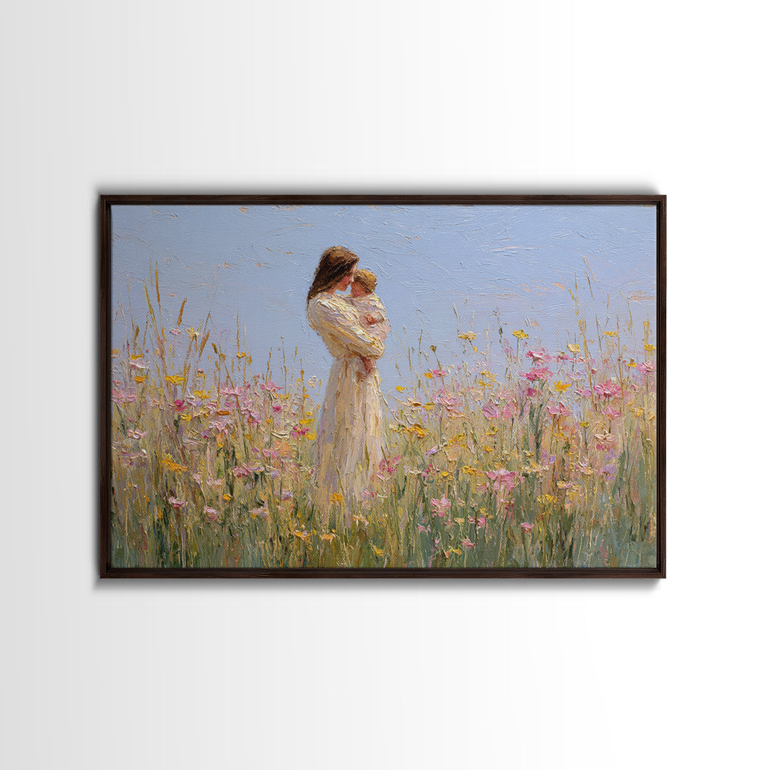 Mother Holding Baby By Wildflowers Framed Canvas Print, Soft Impressionist Painting, Nursery Wall Art, Floral Home Decor