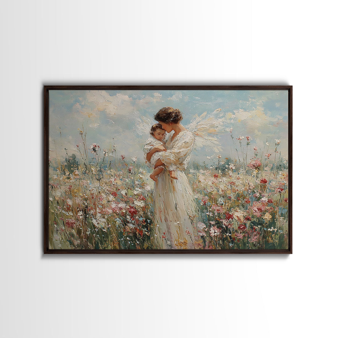White Angel Holding Child Wall Art, Floral Meadow Canvas, Christian Nursery Decor, Baptism Gift, Guardian Angel Print For Baby Room