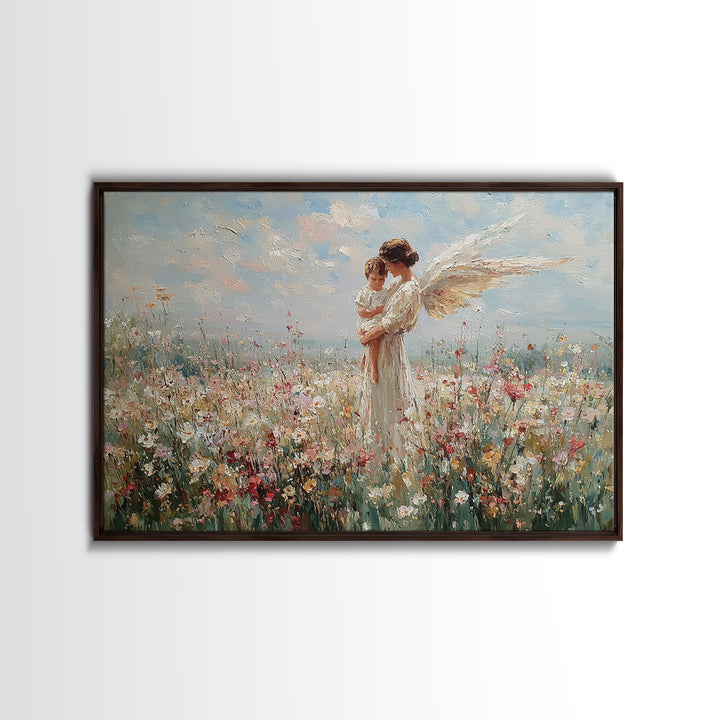 Guardian Angel And Baby Wildflower Wall Art, Christian Canvas Print, Floral Nursery Decor, Baptism Gift, Baby Shower Gift