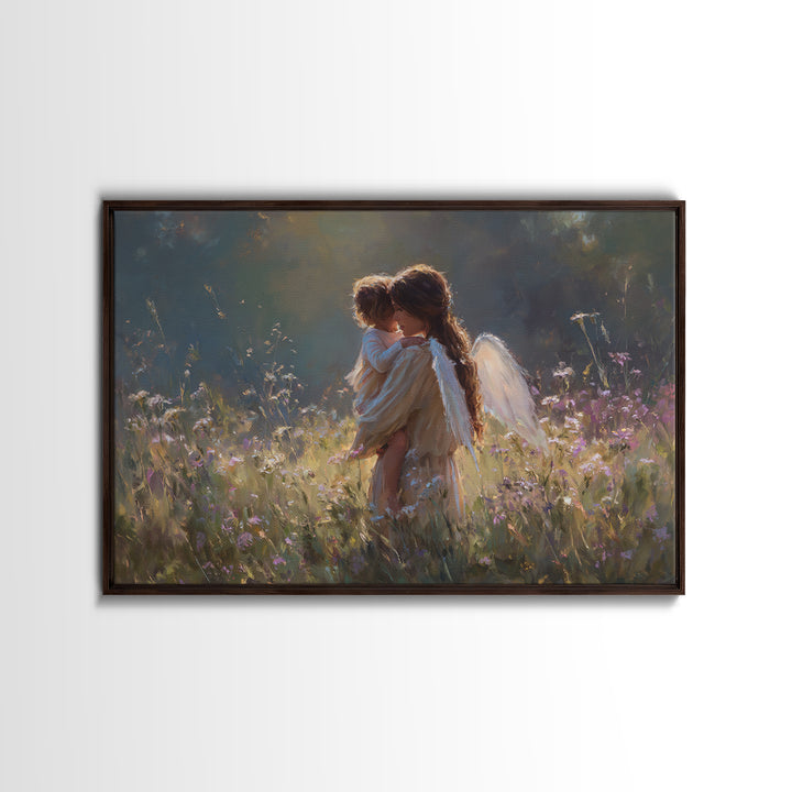 Backlit Angel Mother And Child Wall Art, Moody Wildflower Canvas Print, Christian Nursery Decor, Guardian Angel Gift For Mom