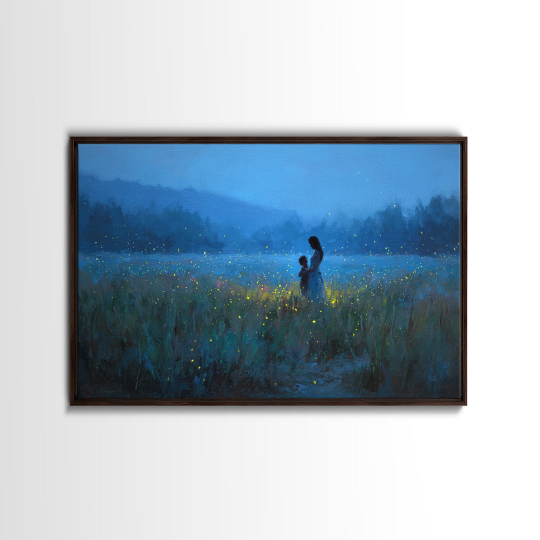 Blue Twilight Mother And Child Firefly Meadow Wall Art, Moody Landscape Canvas Print, Nursery Decor, Gift For Mom, Bedroom Wall Decor