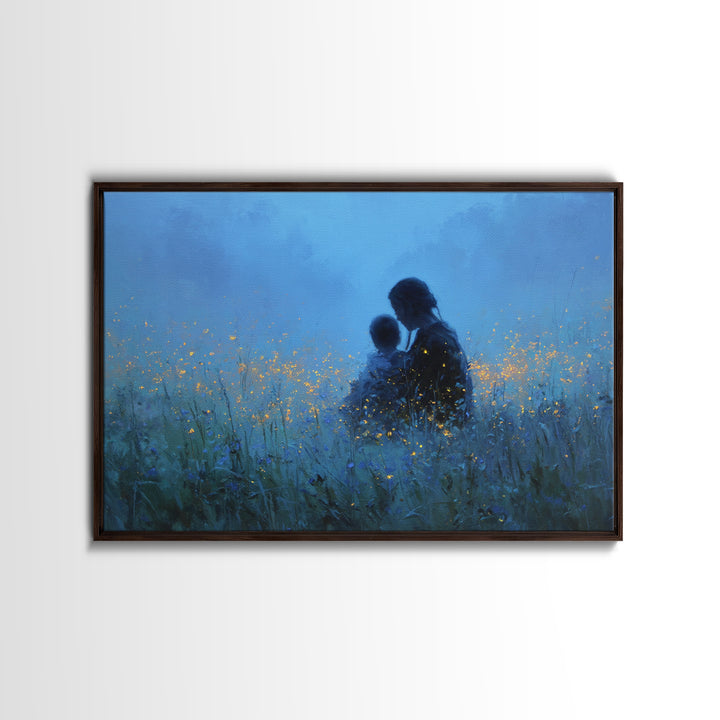 Mother And Baby In Blue Firefly Meadow Wall Art, Moody Nursery Canvas Print, Peaceful Bedroom Decor, Gift For Mom, Newborn Gift