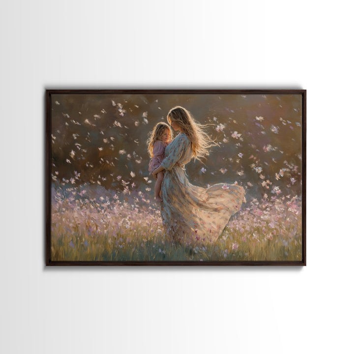 Sunlit Mother And Child Flower Field Canvas Print, Floral Wall Art, Feminine Bedroom Decor, Gift For Mom, Boho Home Decor