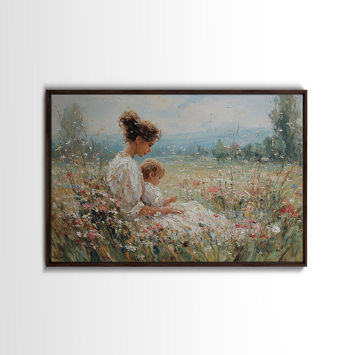 Seated Mother And Child In Sunlit Meadow Wall Art, Impressionist Floral Canvas, Nursery Decor, Housewarming Gift, Living Room Decor