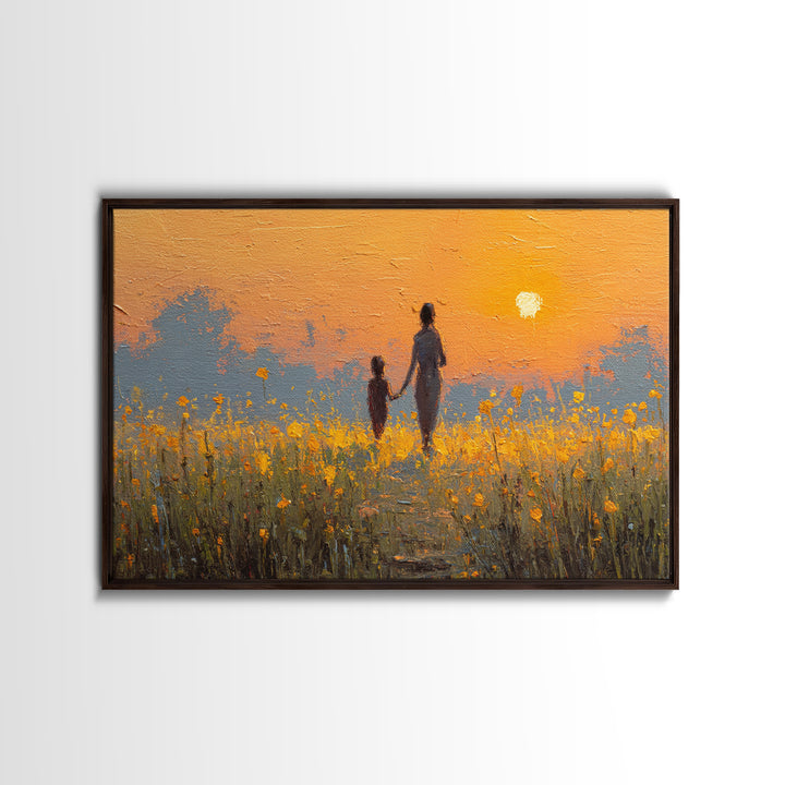 Sunset Silhouette Mother And Child In Yellow Field Wall Art, Warm Landscape Print, Nursery Decor, Above Bed Art, Gift For Her