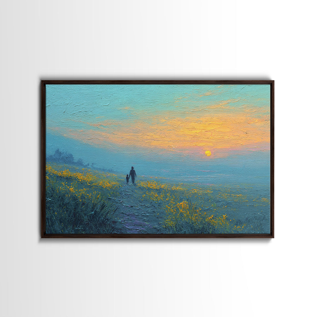 Parent And Child Sunset Path Canvas Print, Blue Yellow Wildflower Meadow Landscape, Calming Wall Art, Gift For Mom, Living Room Decor