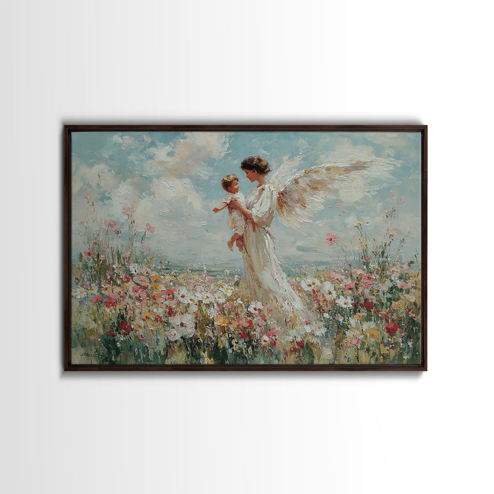 Guardian Angel Holding Child Framed Canvas Print, Heavenly Wildflower Meadow Painting, Christian Wall Art, Nursery Decor Gift