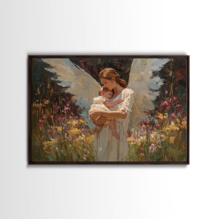 Angel Mother Cradling Baby In Garden Canvas Print, Soft White Wings Floral Painting, Christian Nursery Wall Art, Gift For Mom