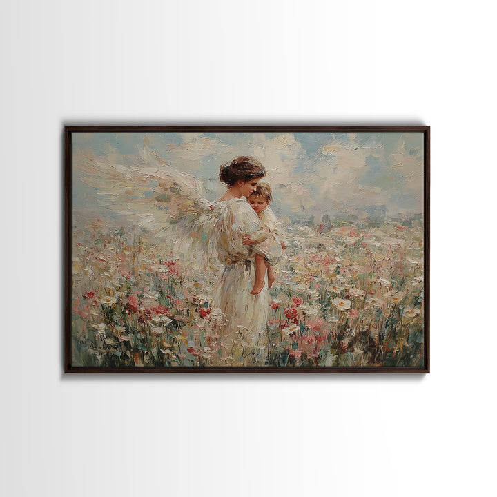 Guardian Angel Mother And Child In Wildflower Meadow Wall Art, Impressionist Oil Painting, Nursery Decor, Gift For Mom, Baby Shower Gift