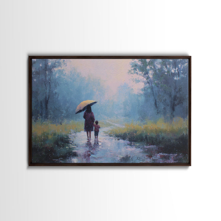 Mother And Child Walking In Rainy Blue Forest Wall Art, Impressionist Landscape Painting, Calming Bedroom Decor, Gift For Her