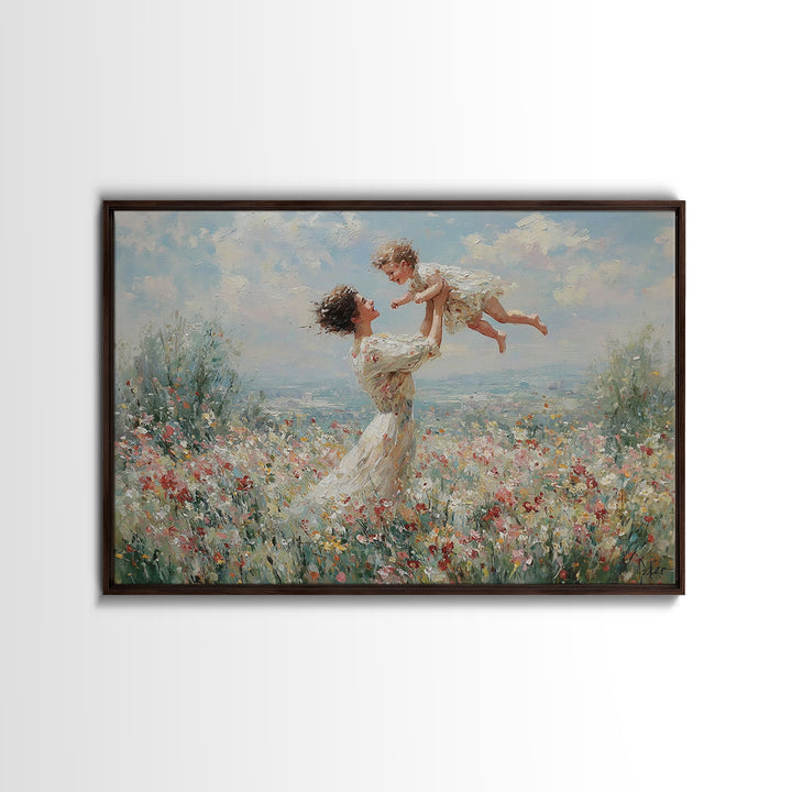 Mother Lifting Baby In Soft Floral Meadow Wall Art, Impressionist Oil Painting, Feminine Nursery Decor, Baby Shower Gift