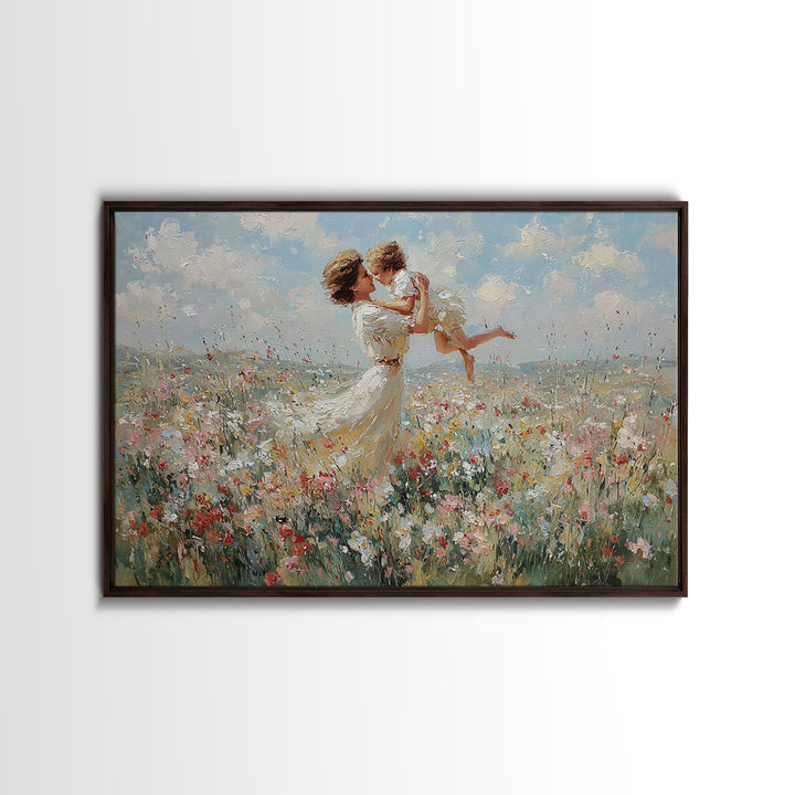 Mother Holding Baby In Breezy White Dress Wall Art, Soft Wildflower Meadow Oil Painting, Feminine Nursery Decor, Gift For Mom
