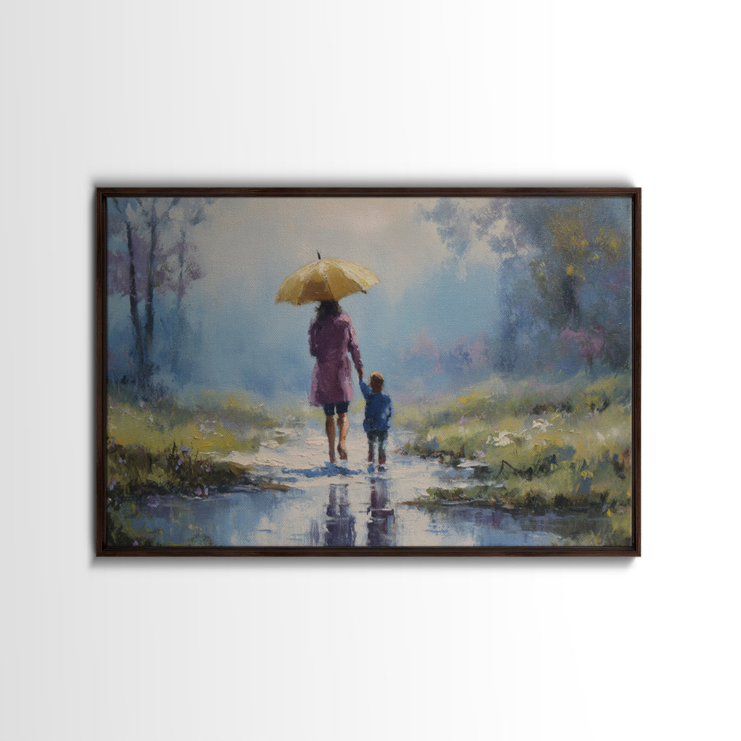 Mother And Child With Yellow Umbrella Rainy Path Canvas Print, Impressionist Landscape Art, Cozy Nursery And Bedroom Decor