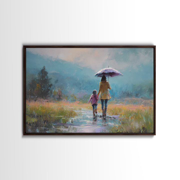 Mother And Child Walking With Umbrella Meadow Wall Art, Misty Mountain Landscape Print, Peaceful Nature Decor, Gift For Mom