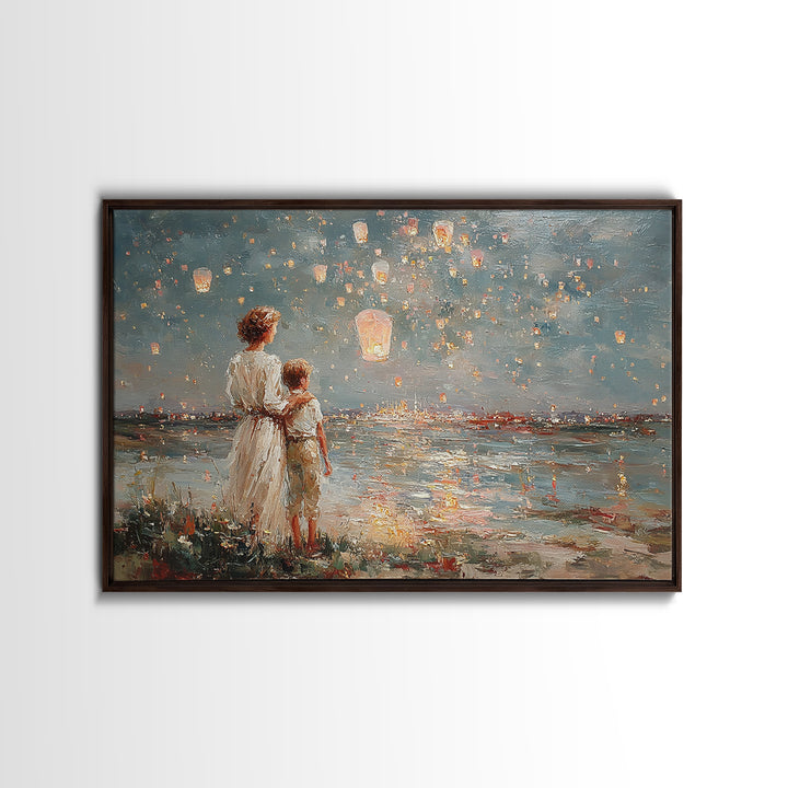 Mother And Son Watching Floating Lanterns Over Water Wall Art, Impressionist Night Lake Print, Romantic Coastal Home Decor