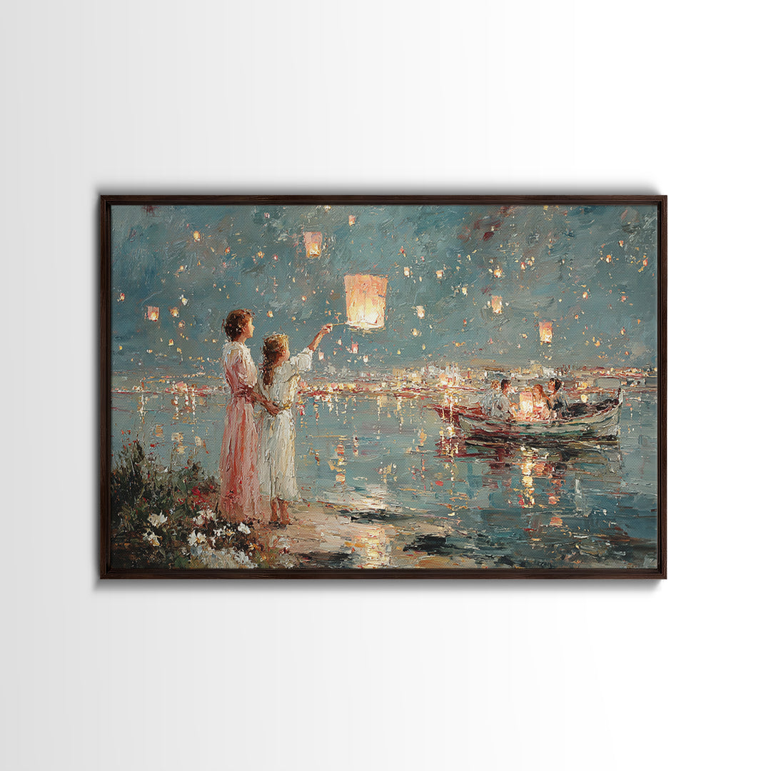 Mother And Daughter Releasing Sky Lanterns By Lake Canvas Print, Impressionist Coastal Night Art, Living Room Wall Decor
