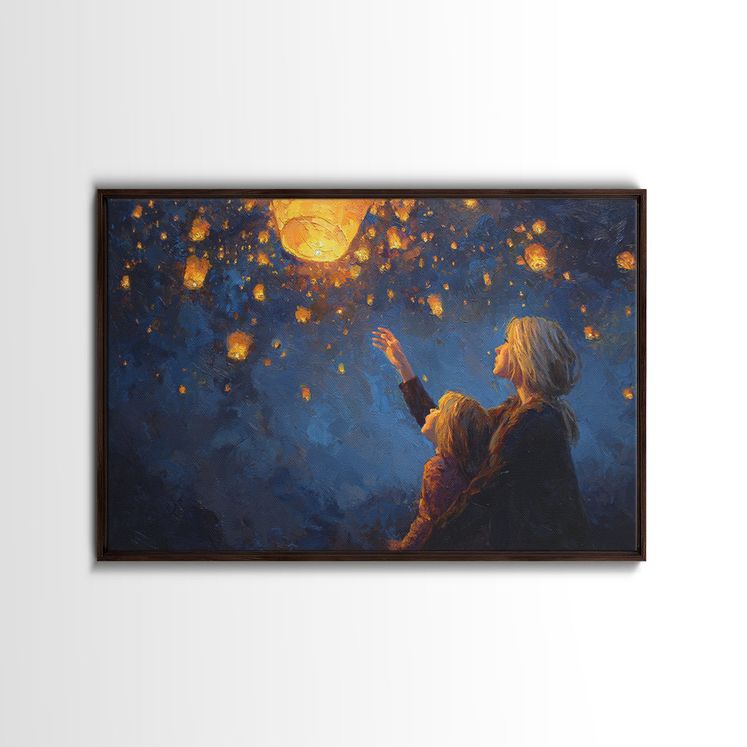 Mother And Child Reaching For Glowing Sky Lantern Canvas Print, Starry Night Wall Art, Celestial Nursery Decor, Gift For Mom
