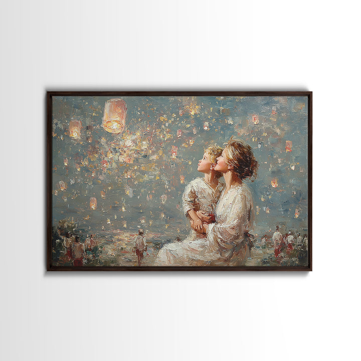 Mother And Child Lanterns By Water Framed Canvas Print, Impressionist Family Wall Art, Nursery Decor, Gift For Mom, Living Room Decor
