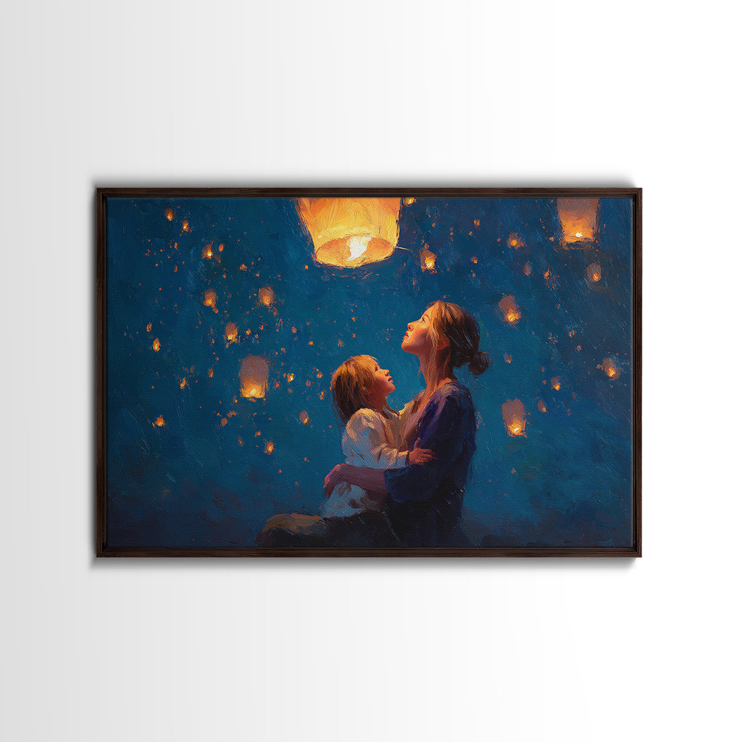 Mother And Child Sky Lanterns At Night Framed Canvas Print, Blue Celestial Wall Art, Nursery Decor, Gift For Mom, Bedroom Decor