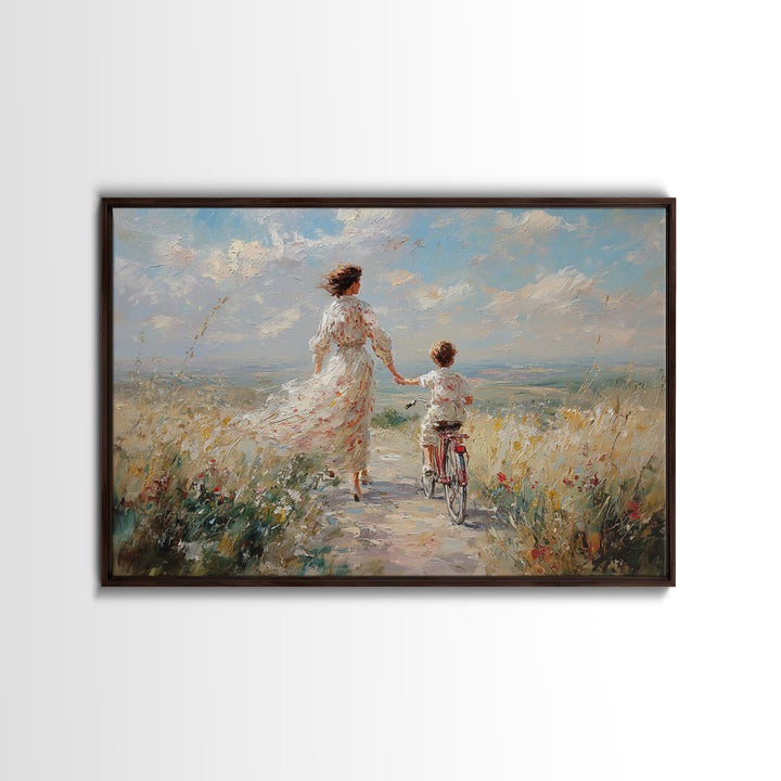 Mother And Child Cycling By Seaside Wildflowers Wall Art, Impressionist Coastal Canvas, Family Gift, Living Room Decor, Housewarming Gift