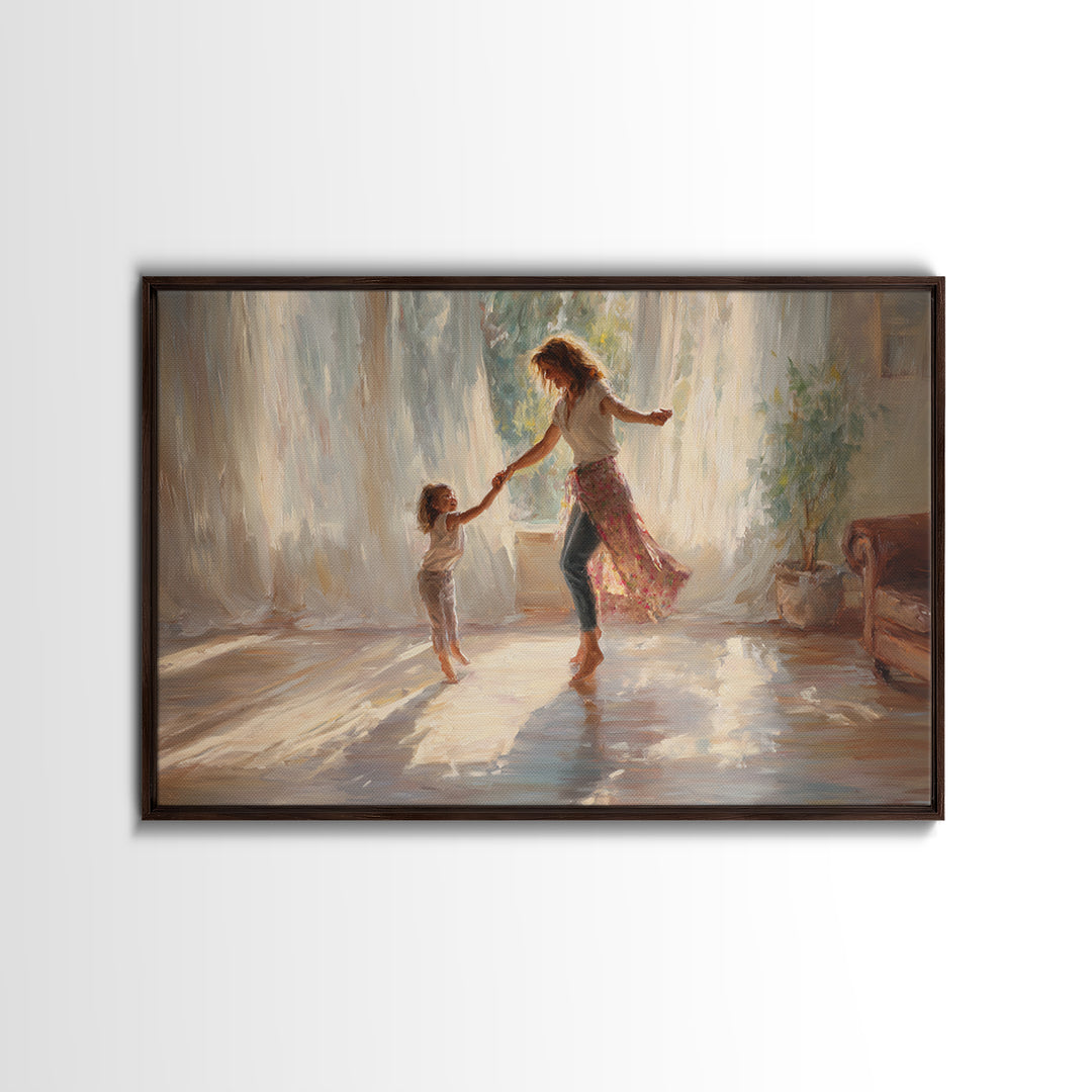 Sunlit Mother And Daughter Dancing Wall Art, Impressionist Family Painting, Feminine Bedroom Decor, Gift For Mom, Home Decor