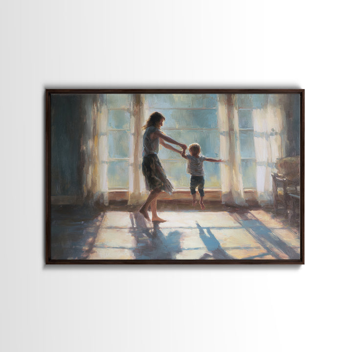 Mother Lifting Toddler In Sunlit Windows Framed Canvas Print, Impressionist Family Wall Decor, Nursery Art, Gift For Her