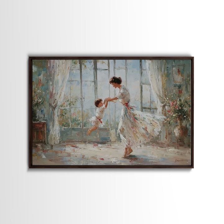 Mother And Child Dancing In Bright Floral Room Wall Art, Impressionist Family Painting, Feminine Decor, Gift For Her, Fine Art