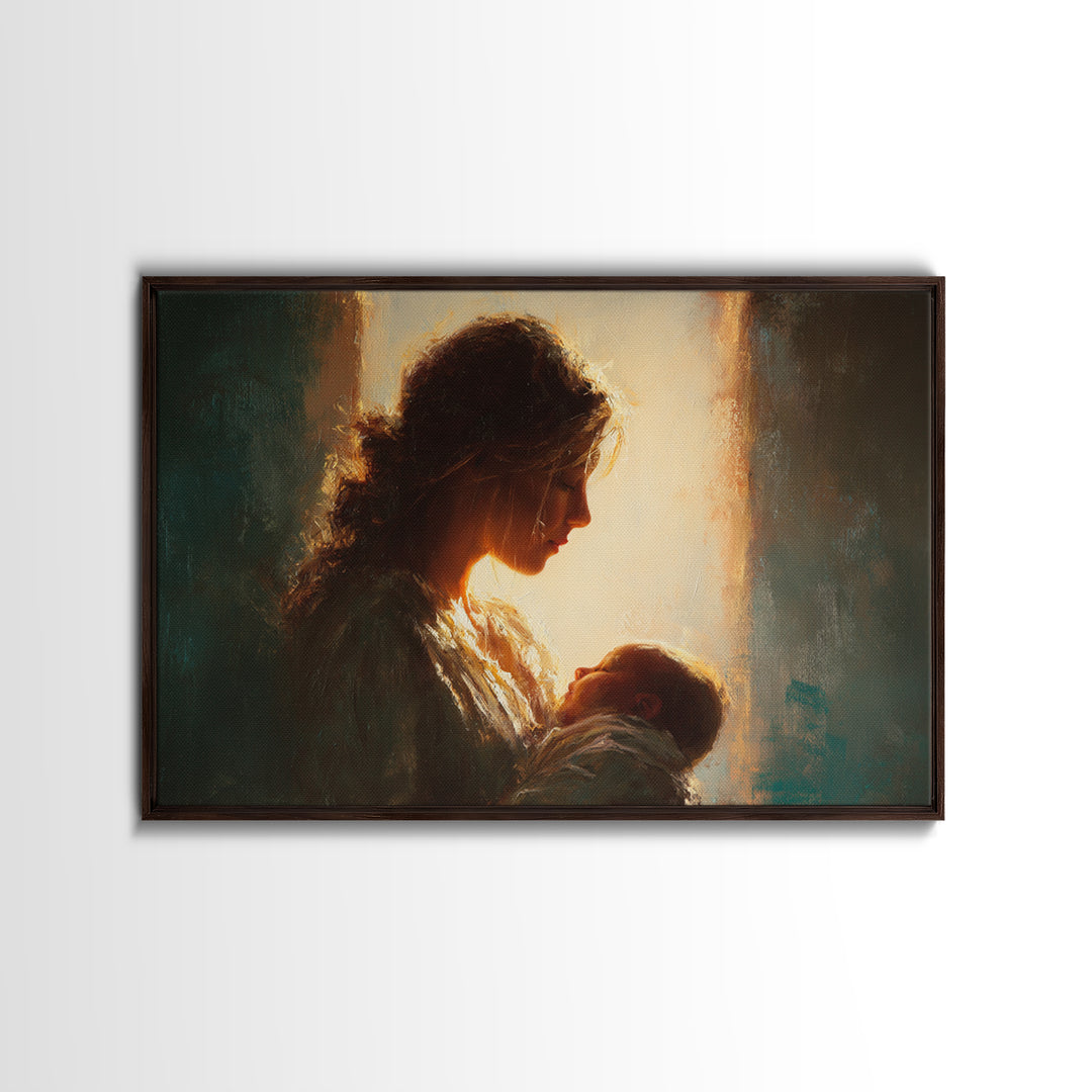 Backlit Mother Holding Newborn In Warm Window Light Wall Art, Moody Portrait, Spiritual Home Decor, Gift For Mom, Nursery Art