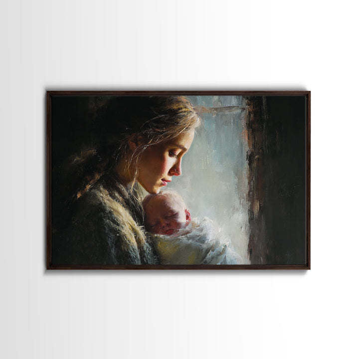 Moody Mother And Sleeping Baby By Rainy Window Framed Canvas Print, Dark Academia Wall Art, Nursery Decor, Gift For Mom, New Baby Gift