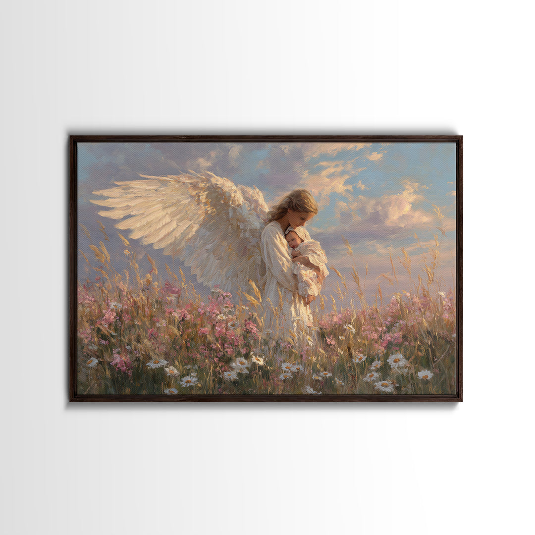 Guardian Angel Holding Baby In Wildflower Meadow Wall Art, Spiritual Nursery Decor, Christian Art Print, Baptism Gift For Her