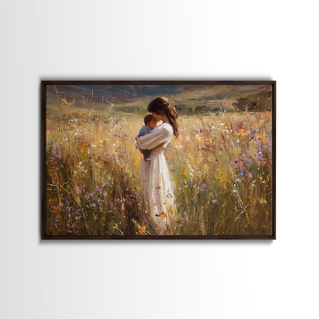 Mother Cradling Newborn In Sunlit Wildflowers Wall Art, Impressionist Oil Painting, Floral Nursery Decor, Gift For New Mom